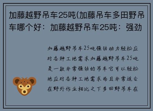 加藤越野吊车25吨(加藤吊车多田野吊车哪个好：加藤越野吊车25吨：强劲动力，轻松应对各种工地需求)