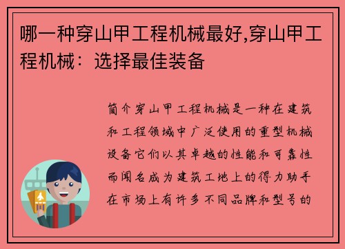 哪一种穿山甲工程机械最好,穿山甲工程机械：选择最佳装备