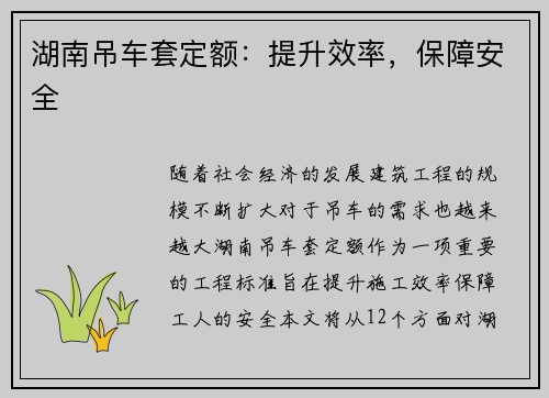 湖南吊车套定额：提升效率，保障安全